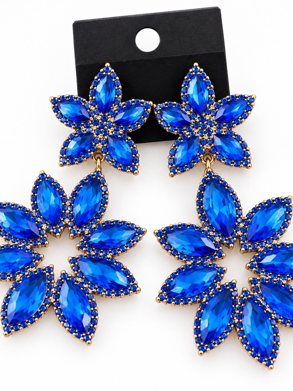 Blue Crystal Floral Statement Drop Earrings - Unbranded